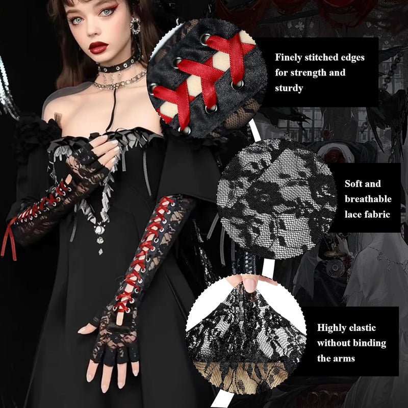 RainFlowwer Fingerless Gloves Steam Punk Goth Witch Long Elbow Arm Warmer Lace Sleeves for Costume Party Halloween Cosplay - Image 3